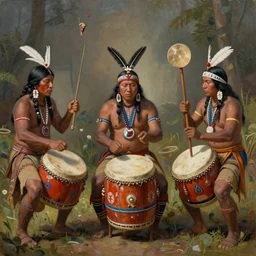 a painting of indigenous people playing shamanic drums , matte painting, highly detailed, fantasy art