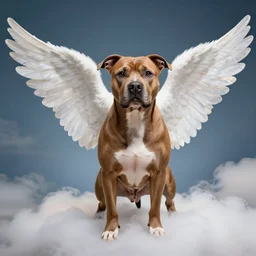 brown pitbull with angel wings in heaven