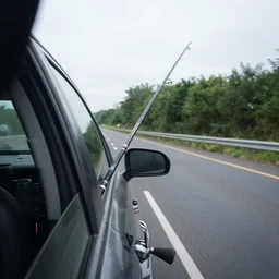 fishing rod through the car's window on the highway