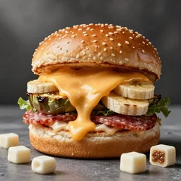 an amazing new hybrid of the pope mixed with a cheeseburger by kandinskali and catrin welz - stein, melting cheese, steamed buns, grilled artichoke, sliced banana, salami, milk duds, licorice allsort filling