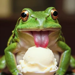 photographic closeup portrait of a frog licking vanilla ice cream with his big red tongue. 8 0 mm. award winning.