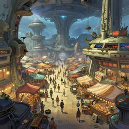 strange, bustling marketplace in an alien spaceport, anime, a sci-fi digital painting by Greg Rutkowski and James Gurney, trending on Artstation, highly detailed