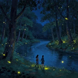 a couple walking along a river, enchanted trees, nightime, fireflies, great colors, by greg rutkowski, trending on artstation