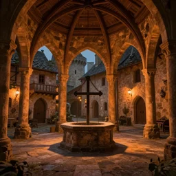 at the square of a medieval french village, a well in the center, arches, orange light, highly detailed, cinematic lighting, perfect composition, 4 k, gustave dore, derek zabrocki, greg rutkowski, belsinski, octane render, fantasy
