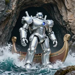 photograph with stylish lens effect, stylistic lighting, 1 9 8 0's sci - fi style, extremely epic, hyppereality, weta digital, octane render, a giant silver android mech in a wild salacious flamboyant foam rubber costume standing in the cliffside entrance to a cave alongside crashing dramatic ocean waves with sea foam and sea spray, an ancient greek trireme, cinema 4 d, volumetric lighting