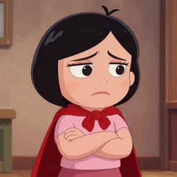 Edna Mode wearing a cape and looking unhappy about it