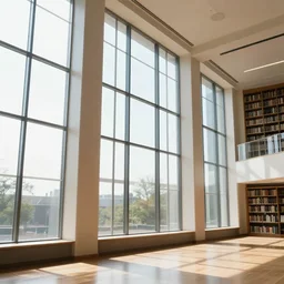 gigantic windows with sunlight streaming through in a library