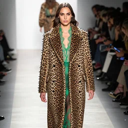 Gal Gadot on the runway modeling a Long Leopard Coat with black leather spikes and green lace, photographed in the style of Mario Testino