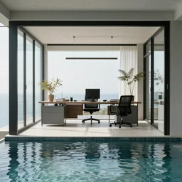 liminal office with shallow water
