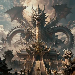 huge temple in hell with dragons in the sky above it, sharp focus, digital art, epic composition, dynamic lighting, intricate, highly detailed, 8 k, unreal engine, blender render