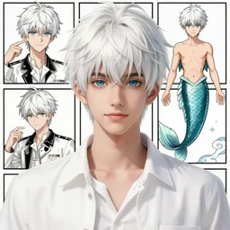 young teen bishonen male white haired prince! scrawny white haired merman! moebius, french comic art, semi - realistic anime, portrait, beautiful face, symmetrical face, trending on pixiv, detailed, clean lines, sharp lines, crisp lines, award winning illustration, masterpiece, 4 k