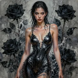 fierce wet fashion model, splash, sweat skin, liquid metal dna, effervescent, black roses, poster art, high detail, intricate oil painting and watercolor, deep mood, hyperrealism, 3 d, in the style of irakli nadar,