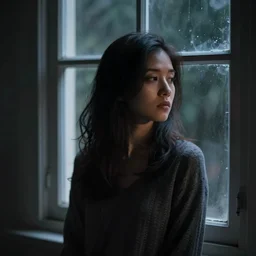 woman in front of window, dark scene, ultra detailed, dark light. by  Zeen Chin