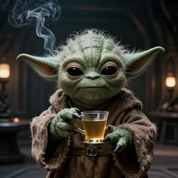 still of a yoda  having a drink with a in the mos eisley cantina in Star Wars 1977. symetric face. smoke. dark mood.