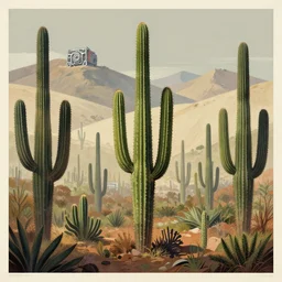 ! dream print of the cactus forest, high hills, 8 k, frostbite 3 engine, cryengine, ground level shot, dof, limited neutral palette, by pascal campion, petros afshar, anton fadeev, dean ellis, randolph stanley hewton, beautiful graphic, propaganda poster art 1 9 7 0 s illustrated advertising art, painterly design
