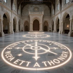 a large hall inside a castle with occult glowing writing on the floor and walls
