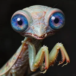 close up portrait of a mutant monster creature with colorful exotic indigo iris eyes, crystal teeth, mantis composure. by jan van eyck, audubon