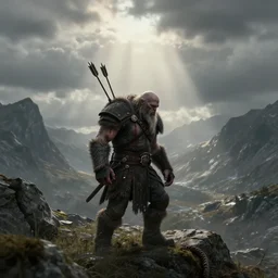 lonely ork warrior hit with an arrow in the shoulder and is bleeding, desolated mountains in the distance, cloudy atmosphere, rod rays, realistic, style of tolkien world, 4 k, masterpiece, epic, maximalist, by stephen bliss, unreal engine, fantasy art by greg rutkowski, loish, rhads, ferdinand knab, makoto shinkai and lois van baarle, ilya kuvshinov, rossdraws, tom bagshaw, global illumination, detailed and intricate environment