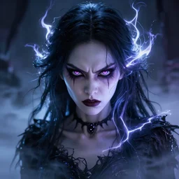 photorealistic full shot portrait of masterpiece angry darkness anime girl, beautifull eyes, electric aura, inspired by tim burton, detailed, unreal engine 4 k, volumetric light, fog