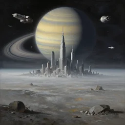 a gorgeous bleak and desolate sci - fi painting by john harris, sparth and greg rutkowski. beyond the horizon, future city skyline, huge saturn ring!! the low earth orbit spaceships war. ultra clear detailed. 3 d, octane render. 8 k
