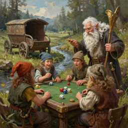 fantasy illustration of halfling dice gambling with a white haired dwarf next to a shallow creek and cart, oil painting, greg rutkowski, wlop, highly detailed, colorful, unreal engine, octane render, dramatic lighting, cinematic composition,