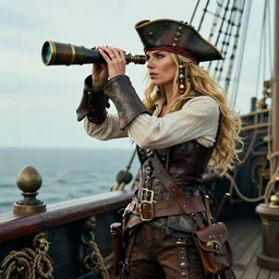 a fierce, blonde, well - dressed, steampunk, covered, armed, pirate woman, standing on the deck of her ship gazing at the horizon through a spyglass ready for battle, realistic, 8 k, trending on artstation