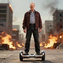 Photo of Walter White standing on a hoverboard with several burning buildings behind him, cinematic lighting, highly detailed, 8k