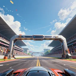 cinematic low angle wide angle shot worms eye view of a realistic futuristic vehicle racetrack finish line with confetti on a sunny day with a clear blue cloudy sky angled toward sky, digital art, digital painting, illustration, cyberpunk, good value control, crowded stands, rule of thirds, golden ratio, horizon line focus, sharp focus, fourze, f zero, speed racer movie, 8 k