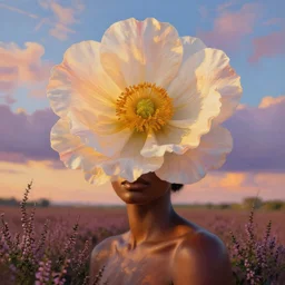 closeup, large flower over head, african woman in heather field, surreal photography, golden hour, colorful clouds, impressionist painting, digital painting, artstation, simon stalenhag