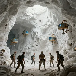 miners find a huge strange white wall deep down underground, minimi machines, mystical feeling, beautiful detail, cinematic scene, art by john collier and albert aublet and krenz cushart and artem demura and alphonse mucha, volumetric lighting, octane render, 4 k resolution, matte, sharp focus, illustration, art by jacque - louis david, baroque style