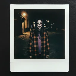 a polaroid of a nightmarish figure in clack cloth street environment. horror, dark