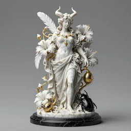 hollow, knight, feathers, horns, wide angle, italian masterpiece, Ashford Black Marble, sculpture, baroque, draped with white Hibiscus and vines and spines, faberge eggs, white marble and gold, drapes, beetle, still life, Obsidian, portrait, render, octane, artstation, ultra detailed