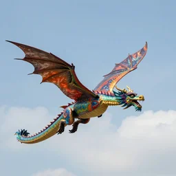 colorful dragon spreading its wings and flying through the bright cloudy sky