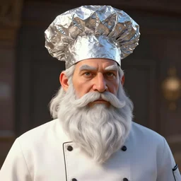 chef with a tinfoil hat and a long white beard, digital art, detailed, octane, unreal engine 5