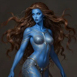 female djinn with blue skin, long flowing brown hair, Mark Edward Fischbach, intricate, highly detailed, digital painting, artstation, concept art, smooth, sharp focus, illustration, Unreal Engine 5, 8K, art by artgerm and greg rutkowski and alphonse mucha