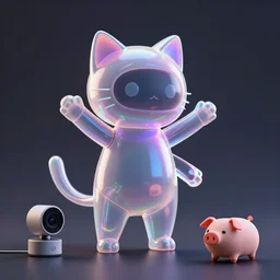 product photo of a futuristic introverted shy cute robot pet cat, holographic neon, asymmetric flowing dancing pose minimalistic cute, by artgerm and greg rutkowski and marc newson and zaha hadid, alphonse mucha, samsung apple webcam, matte glossy materials, otter puppy pig. three quarter view, volumetric light, detailed, octane render, midsommar