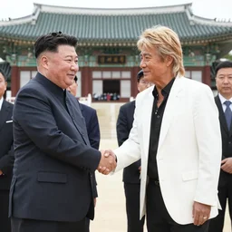 a professional photograph of Bon Jovi shaking hands with Kim Jong-un in Pyongyang, 8k, dslr, cinematic,