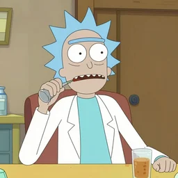 photograph of Rick Sanchez from Rick and Morty, wearing a lab coat, drunk