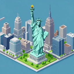 New York in SimCity3000 style. Simcity 2000. isometric. retro. pixelart. maxis. Statue of liberty. Flatiron building. United nations Headquarters. Chrysler building. Times Square. Central Park. Rockefeller Plaza. Empire State.
