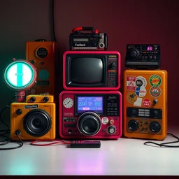 still life of colorful cyberpunk electronics with stickers by hieronymus bosch, solid shape, retro electronic. vintage shape. cold color scheme, cool white 6 5 0 0 k light, baroque painting, perfect composition, detailed octane render trending on artstation, 8 k artistic photography, masterpiece, raphael, caravaggio, beksinski, rutkowski