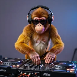 a robot monkey wearing heaphones and sunglasses DJing with DJ turntables, photoreal
