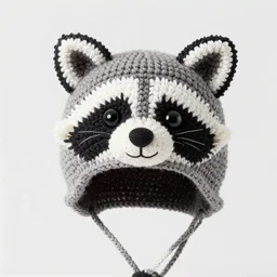 a crocheted raccoon hat, very detailed, animal hat, cute details, product photo, promotional image, sharp focus, studio lighting. fzd school of design