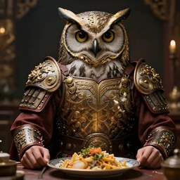 photograph of a warrior with meal ornate owl armour.  Extremely detailed. 8k