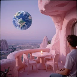 a grainy film photograph pov holiday maker on balcony in dream state alien world. pastel pink stone, lavender sky, table, chairs, candle. planet earth visible in sky. foam architecture. ambient light. refraction. earth set.