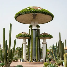 mushroom-shaped electrostatic water condensation collector tower, irrigation, vertical gardens, cacti, in the desert, XF IQ4, 150MP, 50mm, F1.4, ISO 200, 1/160s, natural light