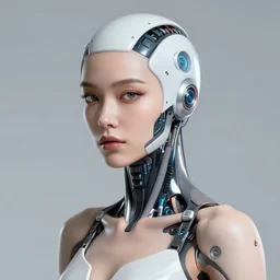 photo of a beautiful female cyberpunk cyborg, head is connected with devices, head and bust, artwork by james jean, hyperdetailed realistic silver and blue metallic, jean delville, art nouveau, gustav klimt, ornate copper patina gothic icon, james jean, ultrasharp hyperdetailed photorealistic octane render