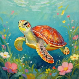 painting of a happy turtle swimming in a sea of flowers