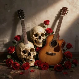skull and guitar and roses,