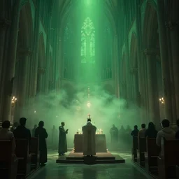 cinematic wide shot inside an cathedral, ambient green light, light fog, shadowy figures performing a ritual, digital art