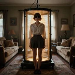 backlit photograph of submissive young woman wearing shades, standing in front of powerful orgone accumulator in 1 9 3 0's suburban living room, octane render, highly detailed, in roger deakins style, 3 5 mm ektachrome, ultra sharp